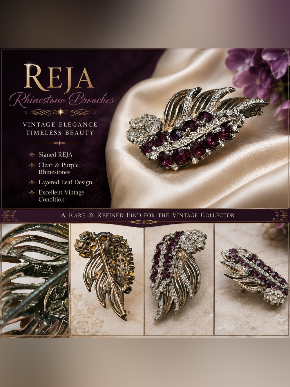Signed REJA Amethyst & Clear Rhinestone Brooch Leaf Spray Brooch Vintage 1950s